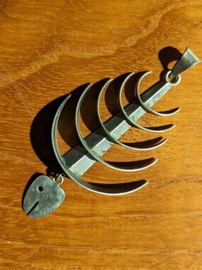 Vintage Modernist Mexican 925 Sterling Silver Fish Skeleton Pendant for Necklace
